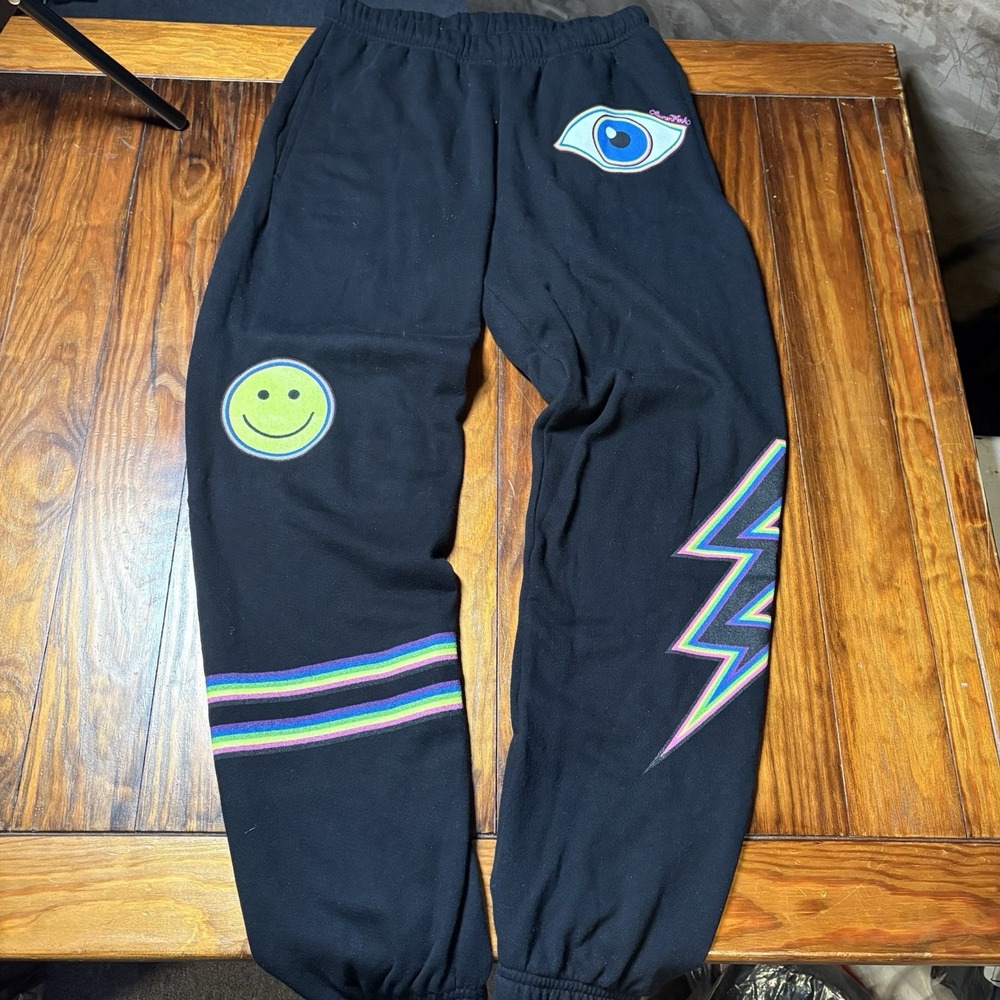 Lauren Moshi Smiley Face Lightning Bolt Evil Eye Lips Neon Sweatpants XS A1531